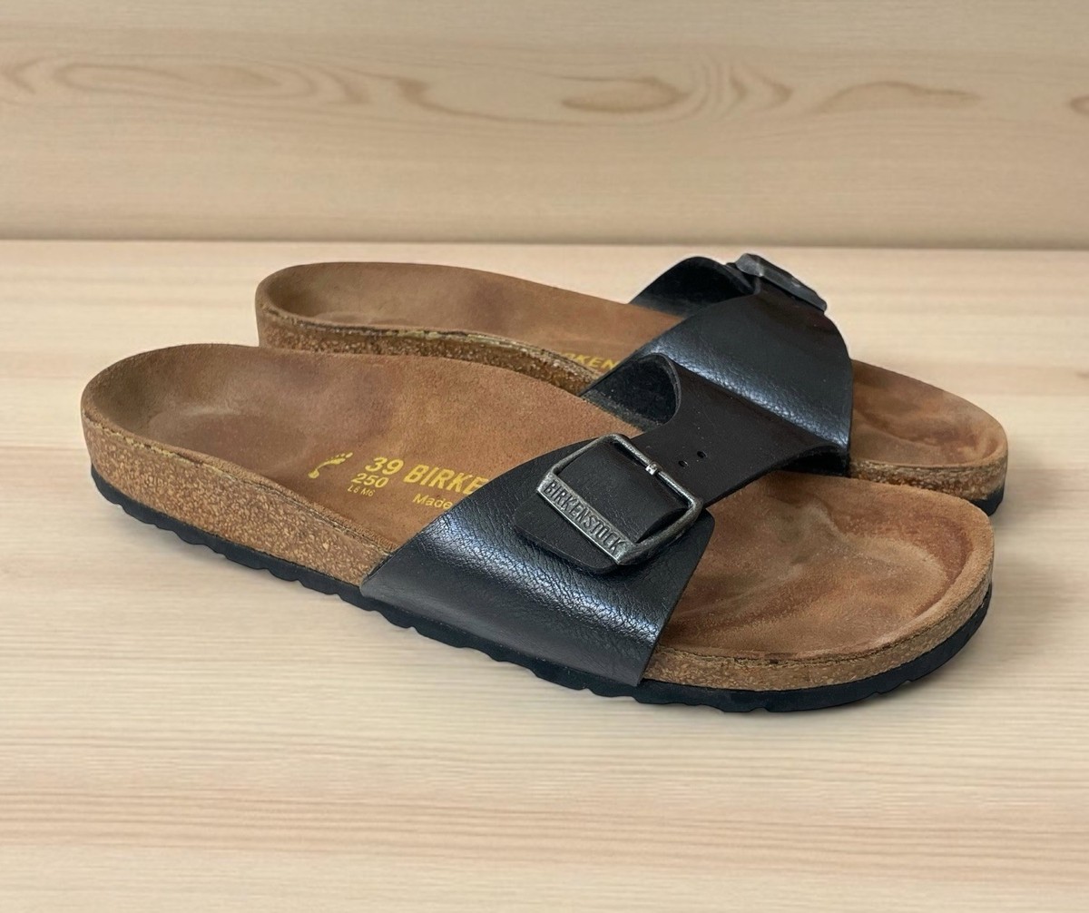 Birkenstock Madrid Birko-Flor Black Leather Slide Sandals Women's