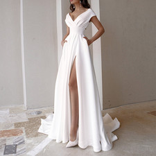 Women's Dress V Neckline Ruffled Waist Solid Color Temperament Long Dress