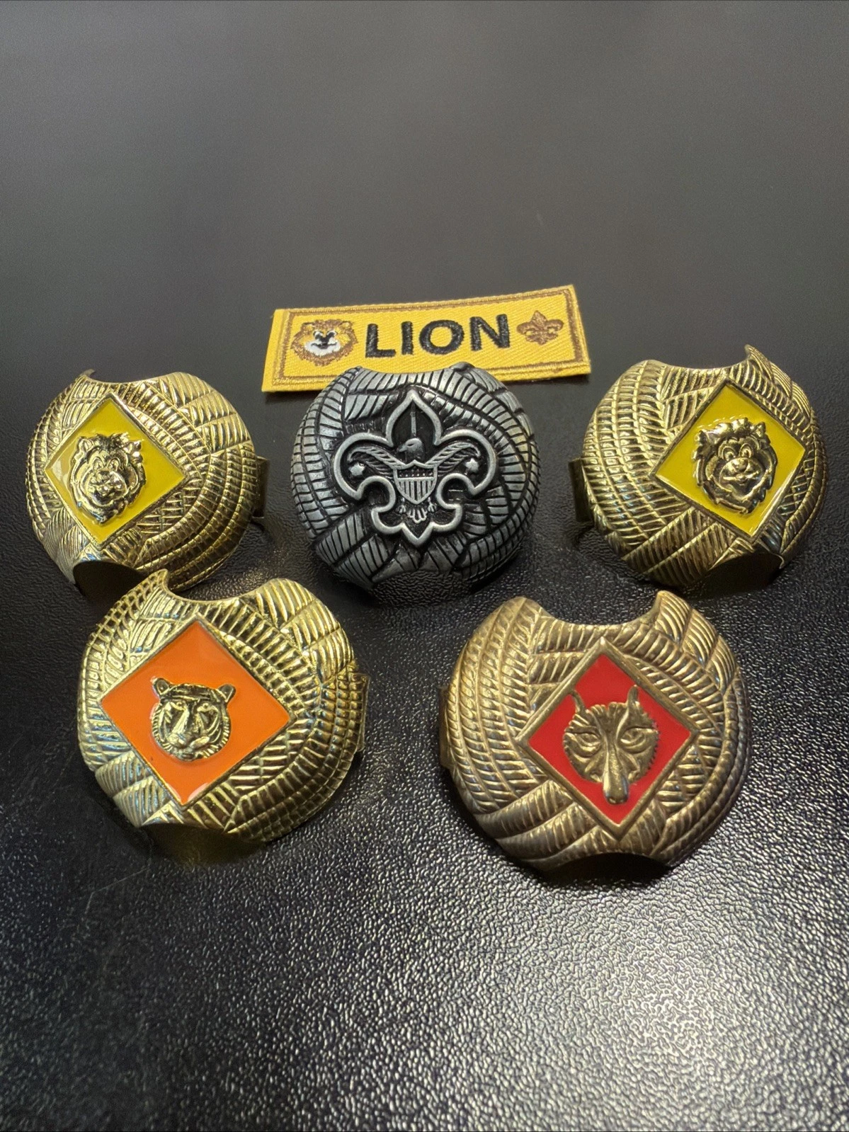 BSA Neckerchief Slides Lot of 5 with Lion Bar Patch Cub Scout Uniform Woggles