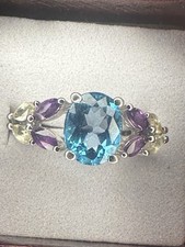 925 Sterling Silver Swiss Blue Topaz, Amethyst, Peridot Ring Size 9