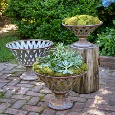 Iron Metal Planter Bowl Set 3 Pedestal Flower Pots