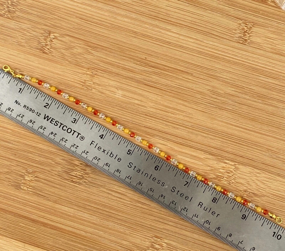 Handmade Anklet Orange, Clear Yellow Czech Glass Beads Gold Tone Metal 10" Long - Image 4 of 4