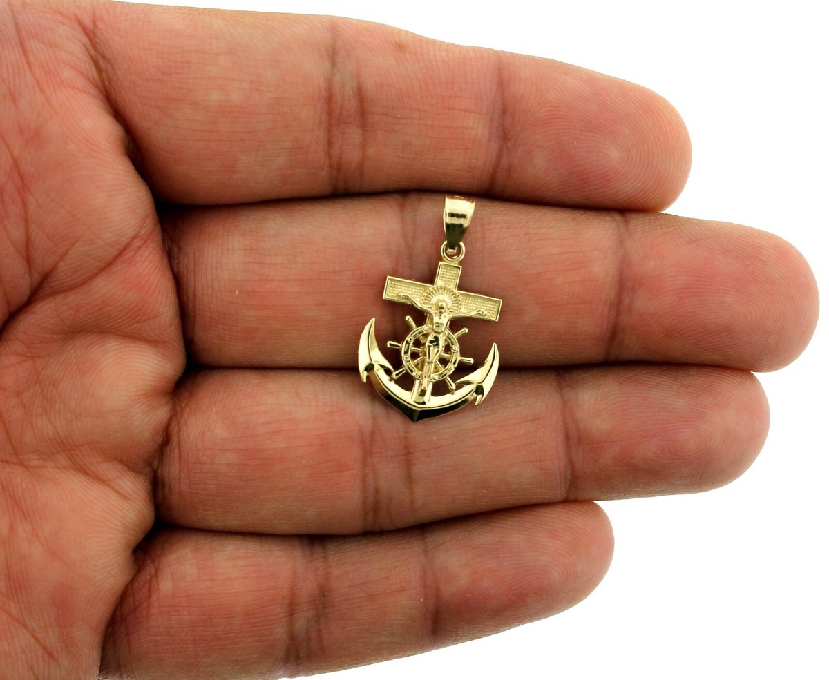 Real 10K Yellow Gold Mens Anchor Cross Pendant Diamond Cut Jesus Crucifix  Charm