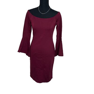Lulus M wine red of the shoulder bell sleeve back zipper + slit bodycon dress