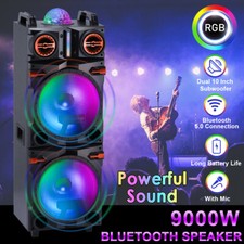 9000W Dual 10" Portable PA Bluetooth Speaker Subwoofer Sound System DJ FM w/Mic