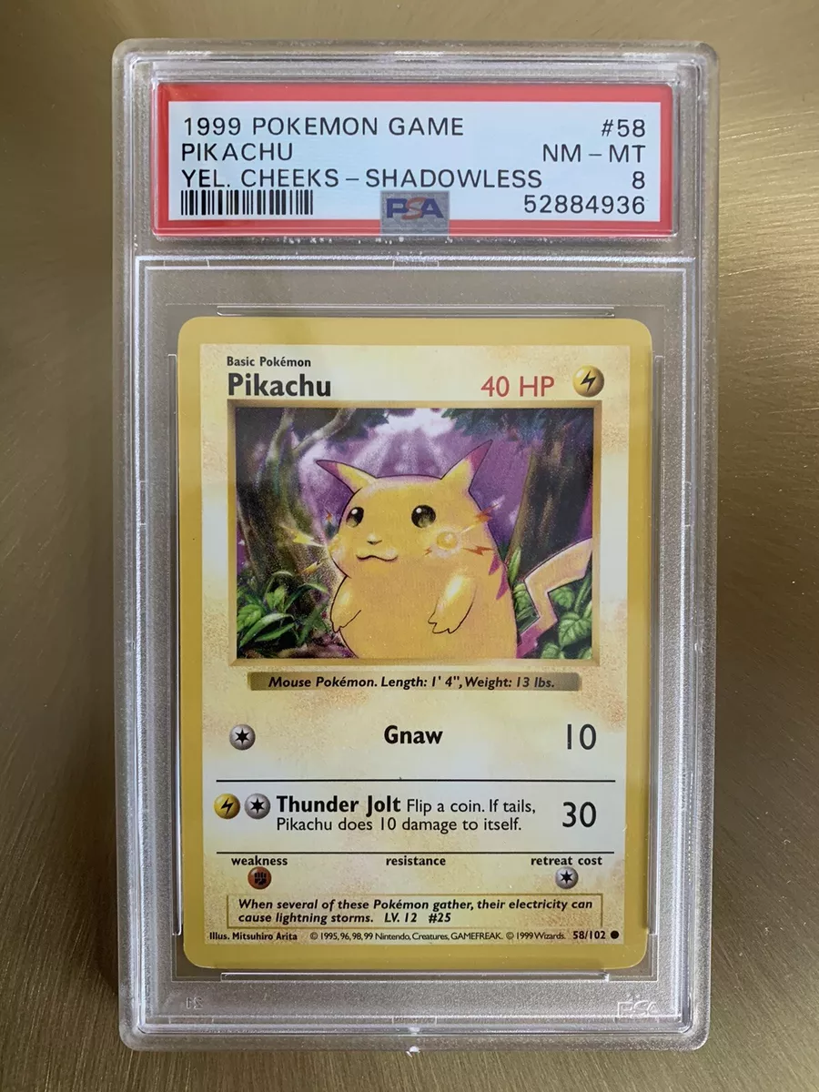 Pokemon Card 1999 Base Set Shadowless Yellow Cheeks Pikachu 58/102 PSA 8  NM/MT