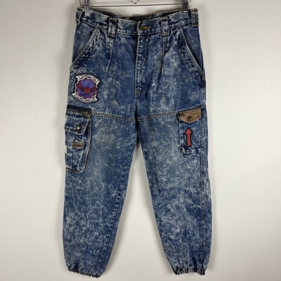 VTG 80s Giovanni hip hop acid washed tapered cargo jeans denim patches 30 x 32