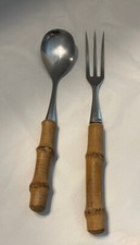 VTG Bamboo Handle MCM Silverware Salad Serving 2 Piece Set Real Bamboo 11”