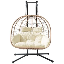 Patio Hanging Swing Chair 2 Person Egg Chair Wicker Chair w/Cushion Outdoor