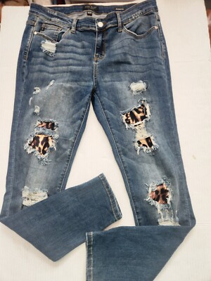 Leopard Print Womens Ripped Jeans With Patches Judy Blue Skinny