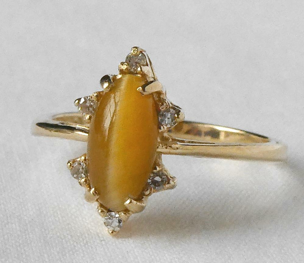 Vintage 14k Gold Natural Cats Eye Quartz Tiger Eye Diamond Navette