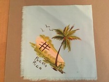 Vintage PUERTO RICO Handkerchief Painted Palm Tree Field Fence Blue Fringed Edge
