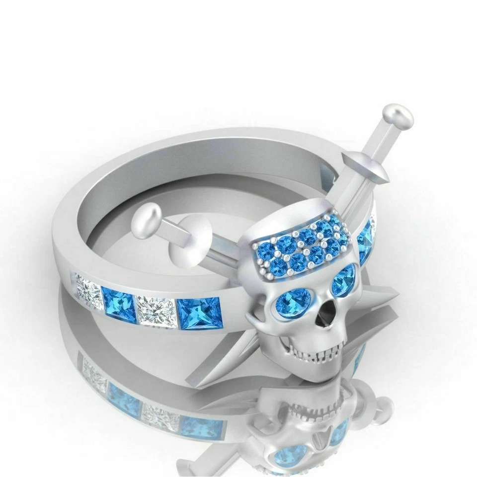 Calavera Jack Sparrow con zafiro azul simulado en anillo de plata argentino 935 Foto 4 de 4