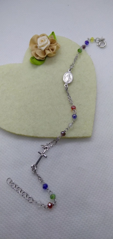 Bracciale argento donna ROSARIO MADONNA CROCE GRANI MULTICOLOUR CM  18-20 - Immagine 2 di 3