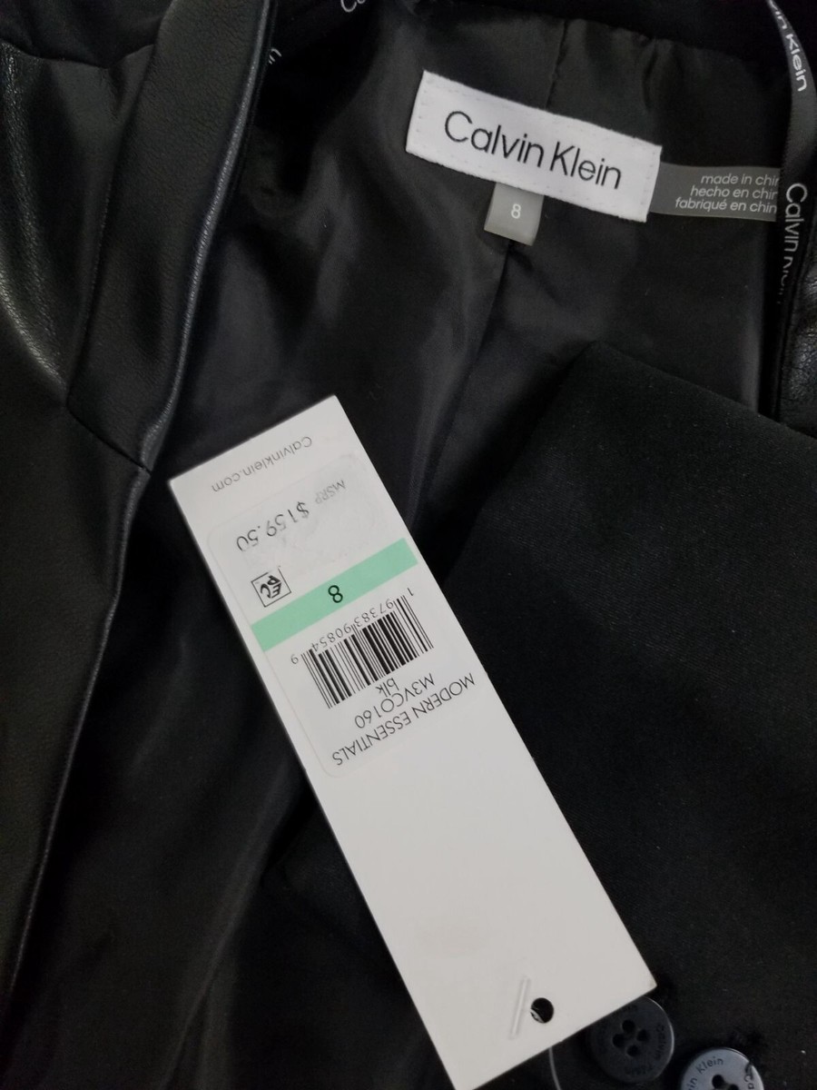 Calvin Klein Womens Black Faux-Leather Mixed Media Open-Front Coat