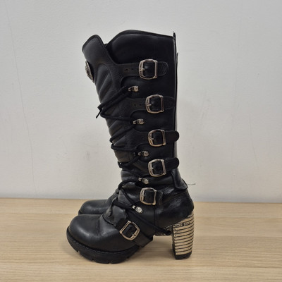 New Rock Trail kniehohe schwarze Lederstiefel mit klobigem Absatz Größe UK 4 EU 37