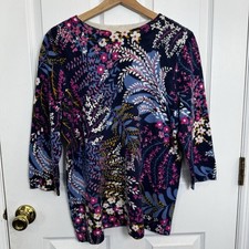 Talbots Plus X 100 Cashmere Audrey Floral Sweater 3/4 Sleeve Navy