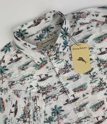 Tommy Bahama Camp Shirt Tropical IslandZone Surf Print Coconut Cream Mens L $120