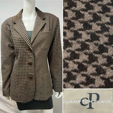 Vintage Women s L Brown Houndstooth Tweed Wool Suede Collar Blazer Jacket