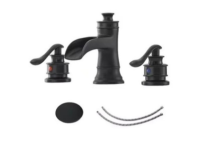 BWE 8in Widespread Bathroom Faucet 2 Handle Waterfall Black w Pop-Up Drain