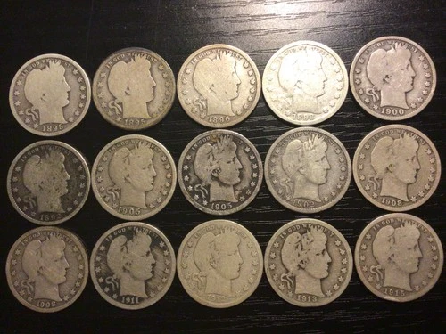 (15) Barber Quarters, Different Dates & 8 MM.  1895-15, G-F Details, $243 Silver