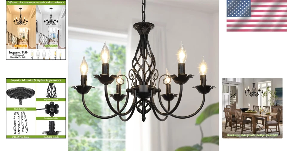 Rustic 6-Light Candle Ceiling Light - Perfect for Living Room & Dining Areas - Image 2 of 4