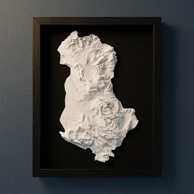 3D Albania Map Wall Art: Topography in Black Wood Frame
