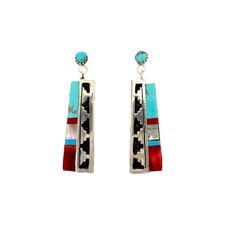 Eddie Johnson, Earrings, Multi-Stone, Sterling Silver, Navajo, 2 1/4