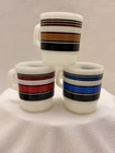 3 Vintage FIRE KING ANCHOR HOCKING Mugs Milk Glass Stripe Black Red Tan Blue