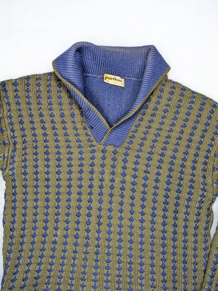 PURITAN De Colección Años 50 60 Verde Azul Diamante Tejido Chal SUÉTER Parche Codo Para Hombre S Foto 2 de 4