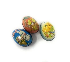 Vintage Tin Litho Easter Egg Containers Set/3 Murray Allen - Empty
