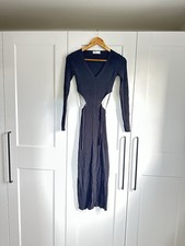 Bershka Midi Dress Ribbed Black Slit Front Long Sleeve Backless Cut Out Size Xs
