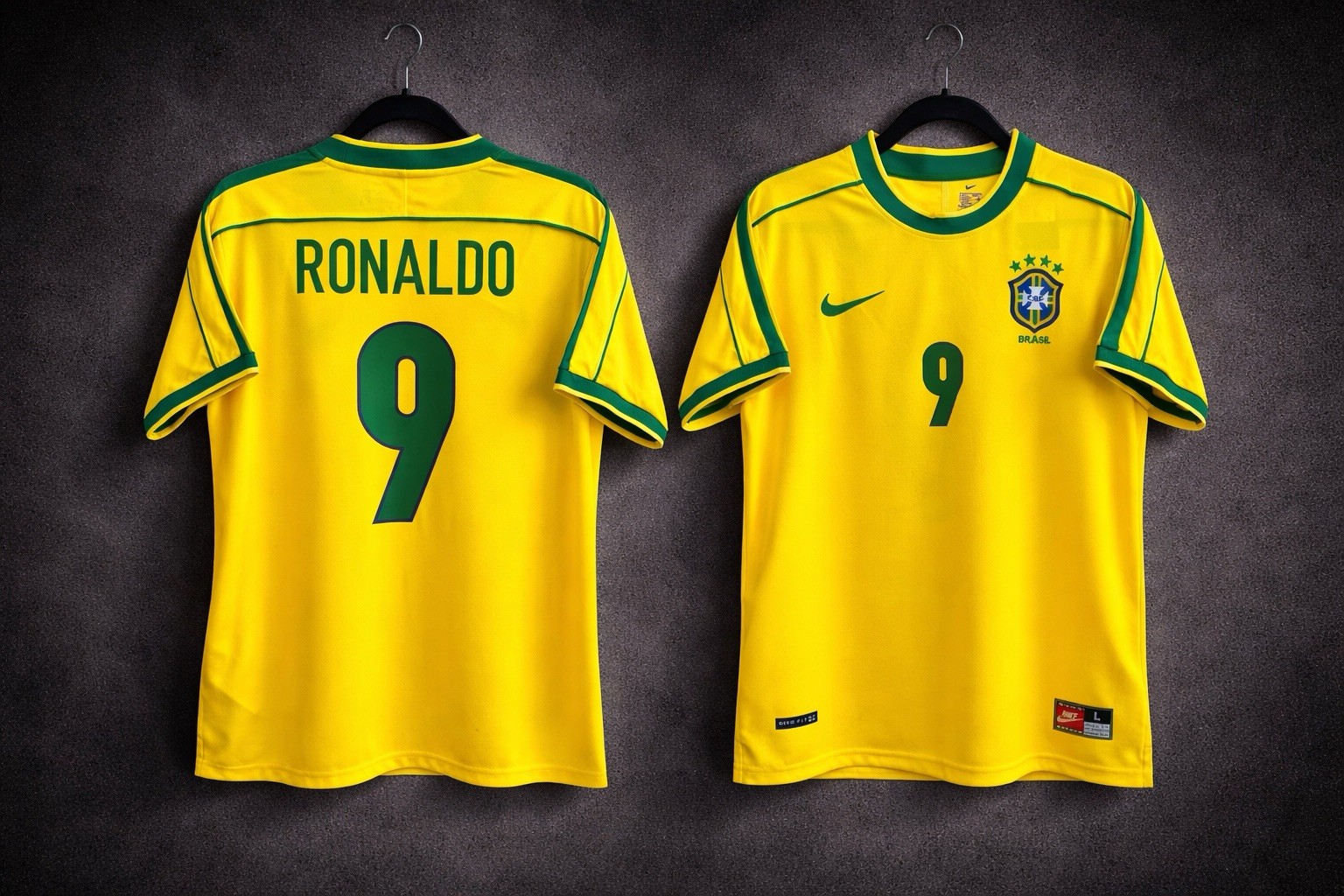 Brazil 1998 Ronaldo #9 Home Yellow Green Short Sleeve Men Retro Soccer Jersey L
