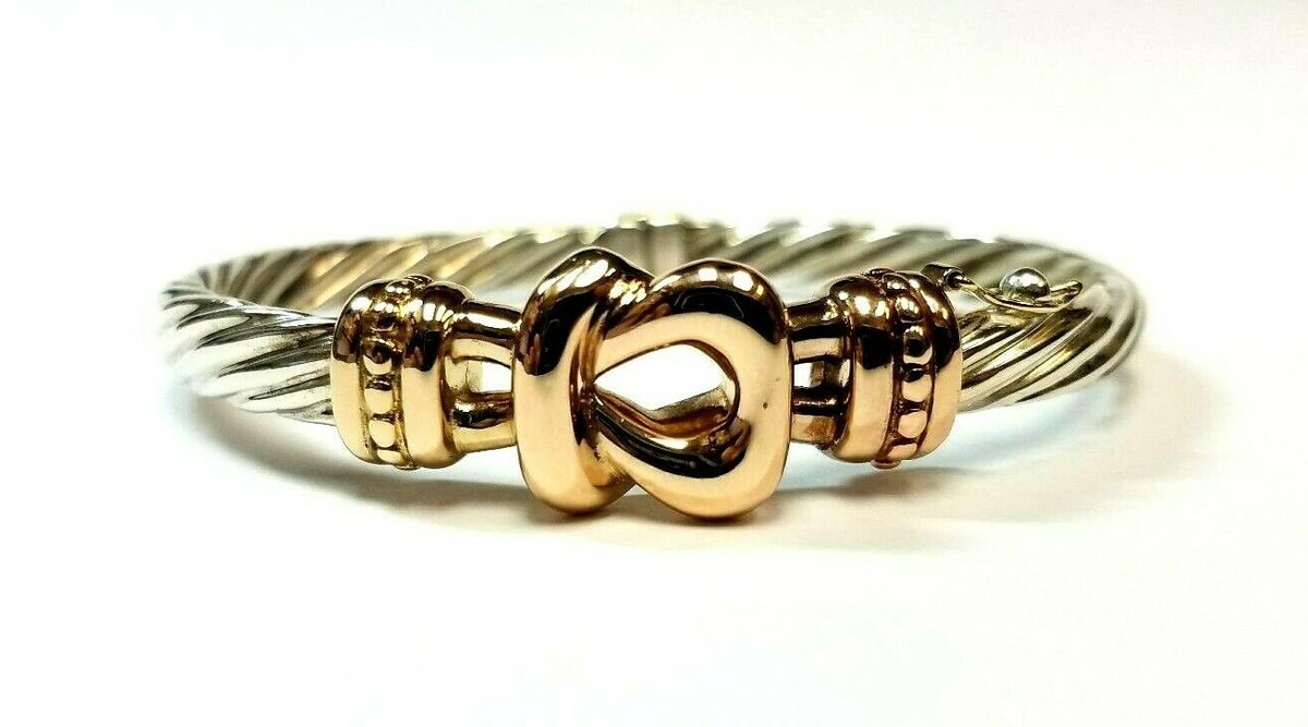 JTL ISRAEL STERLING SILVER 14K GOLD KNOT CABLE HINGED BANGLE
