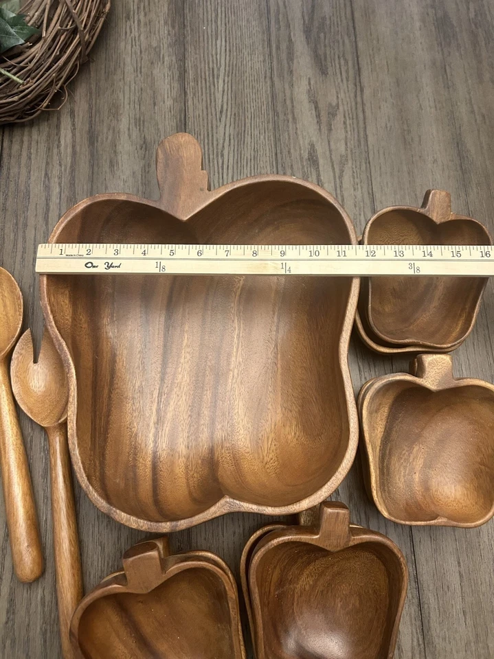 Apple-Shaped Wooden Salad Bowl Set With Serving Utensils - Image 4 of 4