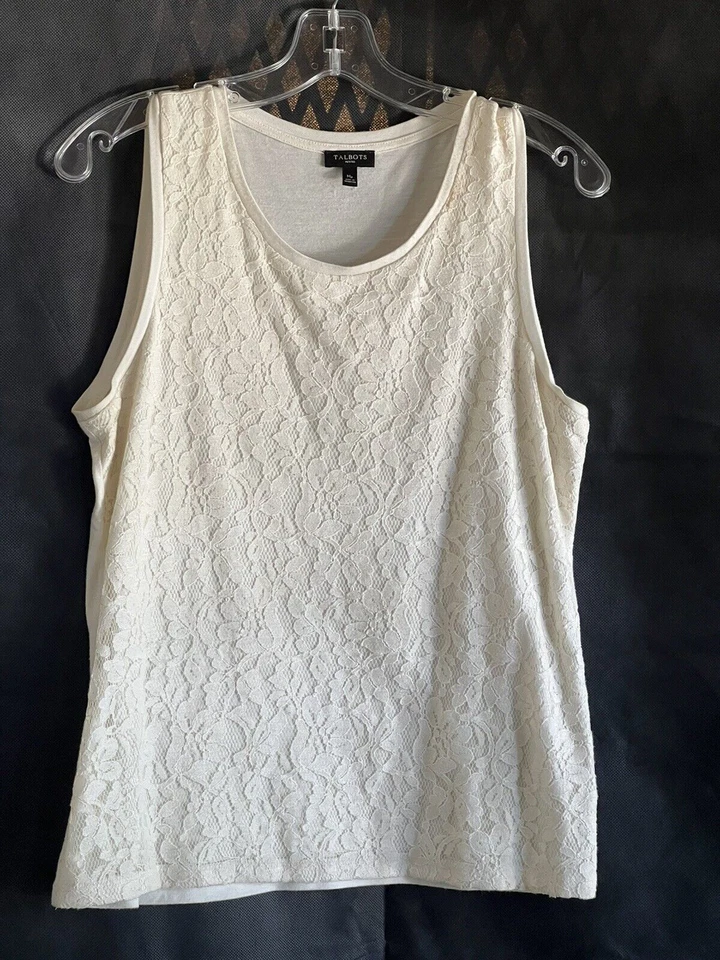 Top de encaje Talbots crema de encaje sin mangas blanco roto cuello redondo talla Petite Médium Foto 2 de 4