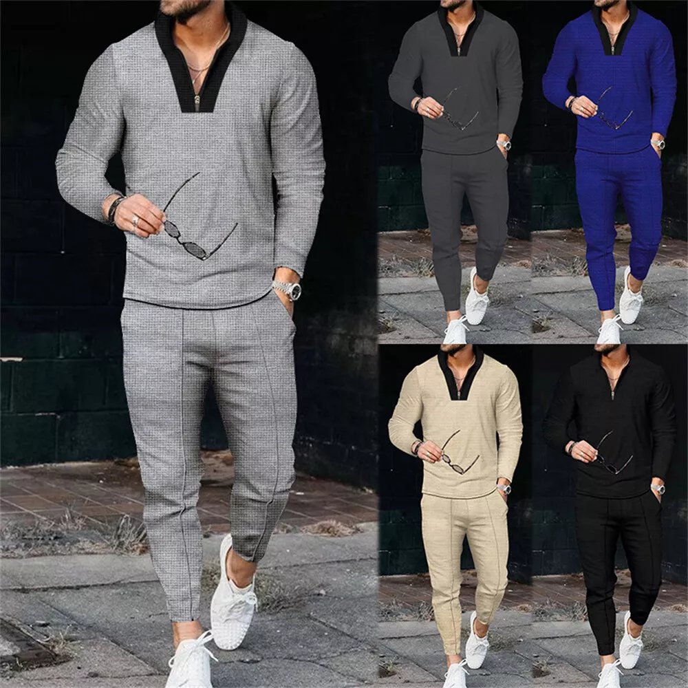 Mens Fashion Sweatsuit 2 Piece Stand Collar Full Zip Tracksuit Vintage  Style with Check Print Jacket and Pants Set 