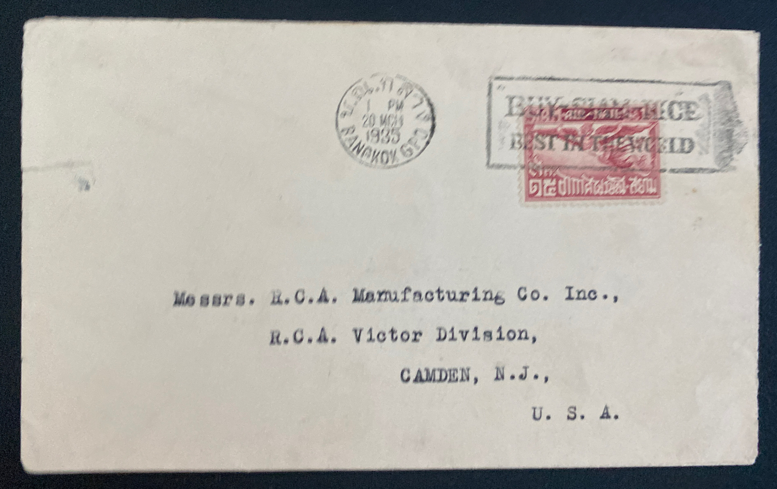 1935 Bangkok Thailand Slogan Cancel Commercial Cover To Camden NJ USA