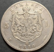 ROMANIA 5 LEI 1880 KM#12 VF++ CAROL I (1866 - 1881) SILVER 25g 37mm