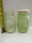 Vintage Green Uranium Glass Shaker Jar Set Depression Glass Ribbed