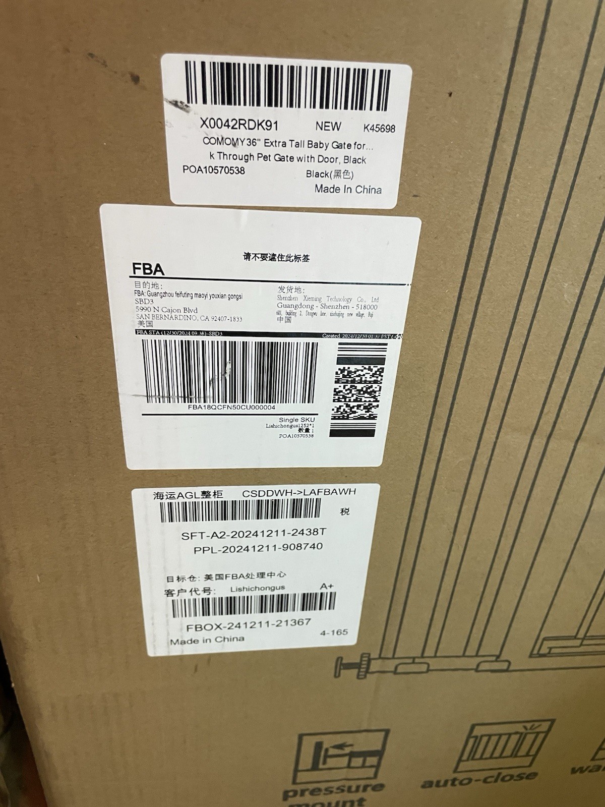 COMOMY 29.5-48.8" Wide, 36"-Extra Tall Baby Dog Safety Gate Pressure-Mount BLACK