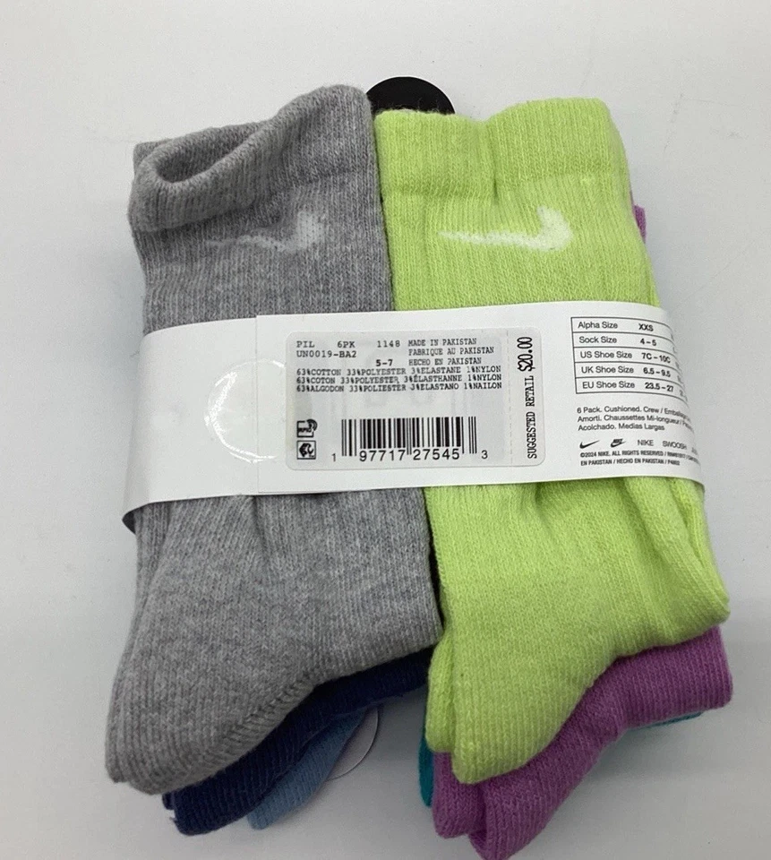 Pacote com 6 meias acolchoadas Nike Dri-FIT Youth Crew femininas multicoloridas 10C-3Y - Imagem 3 de 4