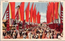 Avenue of Flags - Chicago Worlds Fair Illinois- 1934 Linen Postcard- Curt Teich