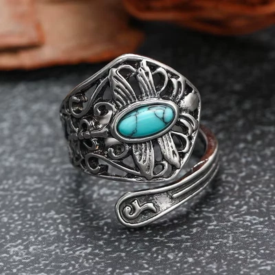 💍 Bague Femme Pierre Turquoise Style Boho Vintage Réglable Antique Argent - Photo 1/4