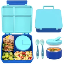 Bento Lunch Box with 8oz Soup Thermo - Leak-Proof 4-Compartment Food Jar Blue