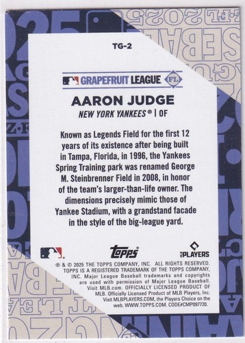 2025 Topps MLB Baseball Série 1 N° TG-2 Aaron Judge Grapefruit League - Zdjęcie 2 z 2