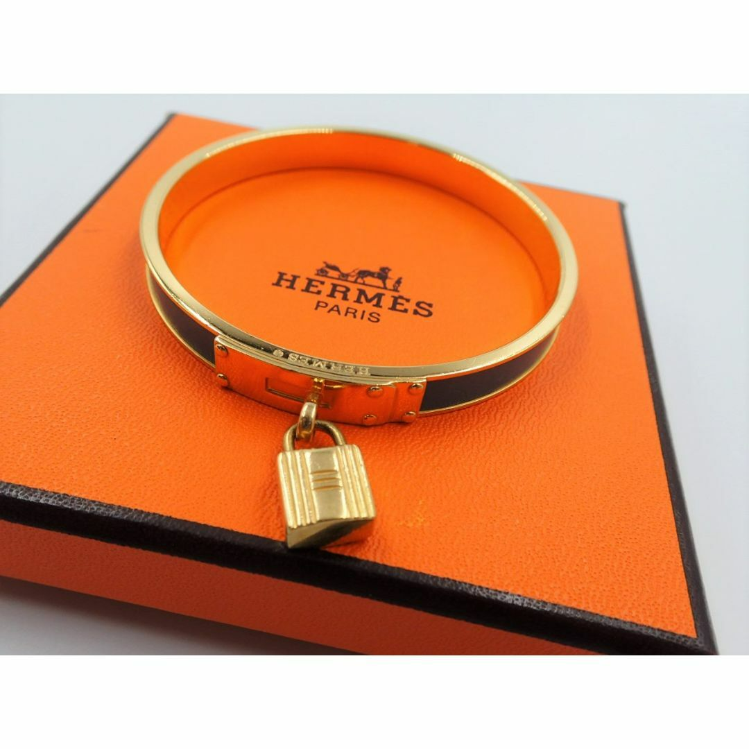 HERMES Kelly Lock Bangle in Gold Plated Blue Leather with Box-image