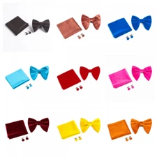 Men Velvet Oversized Pre-tied Bow Tie Pocket Square Cufflink Bowtie Hanky Set