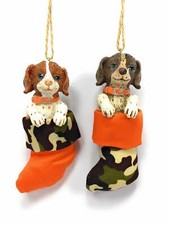 2pc Brown Haired Hunting Puppy Dogs in Christmas Stocking Ornaments