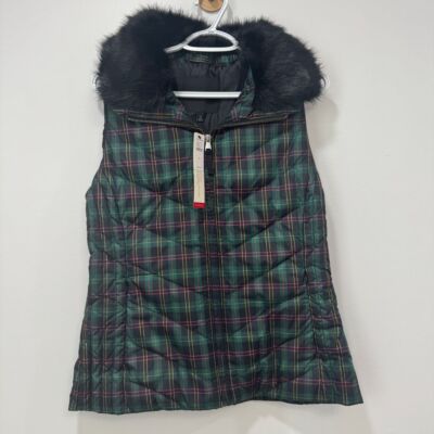 Talbots Womens Puffer Vest Small Green Plaid Tartan Faux Fur